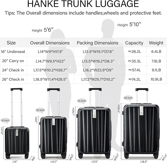 Hanke 16 inch Underseat Carry On Suitcases with Wheels,Lightweight Hard Shell Carry on Luggage with Wheels for Weekender,Top Opening Small Suitcase,Travel Luggage for Womem Men,Jet Black.