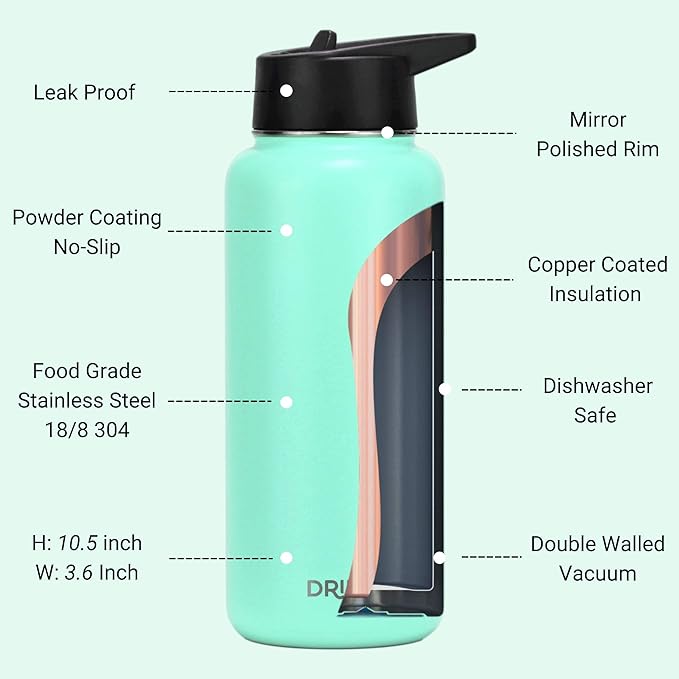 DRINCO Stainless Steel Water Bottle Spout Lid Vacuum Insulated Double Wall Water Bottle Wide Mouth (40oz 32oz 22oz 18oz 14oz) Leak Proof Keeps Cold or Hot (32 oz, 32oz Teal)