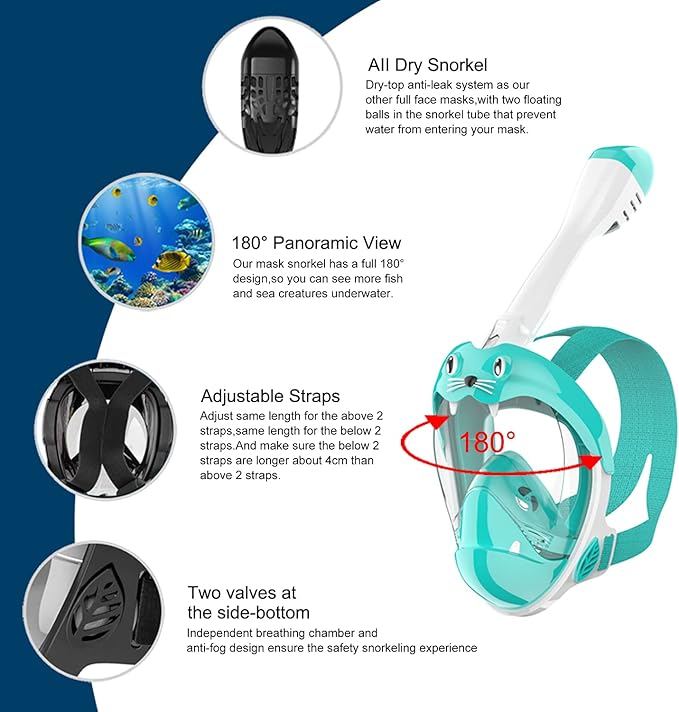 Full Face Snorkel Mask, Diving Mask for Kids and Adults,180° Panoramic View Snorkel Mask with Camera Mount, Safe Breathing, Anti-Leak&Anti-Fog