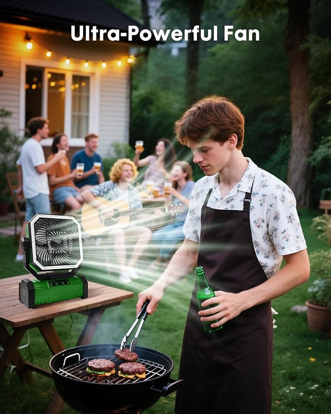 Camping Fan, Portable Fan 20000mAh Rechargeable Battery Powered Fans, Quiet 4-Speeds, 4-LED Light,360° Hanging Hook for Outdoor Picnic Tent Beach Travel Barbecue, Green