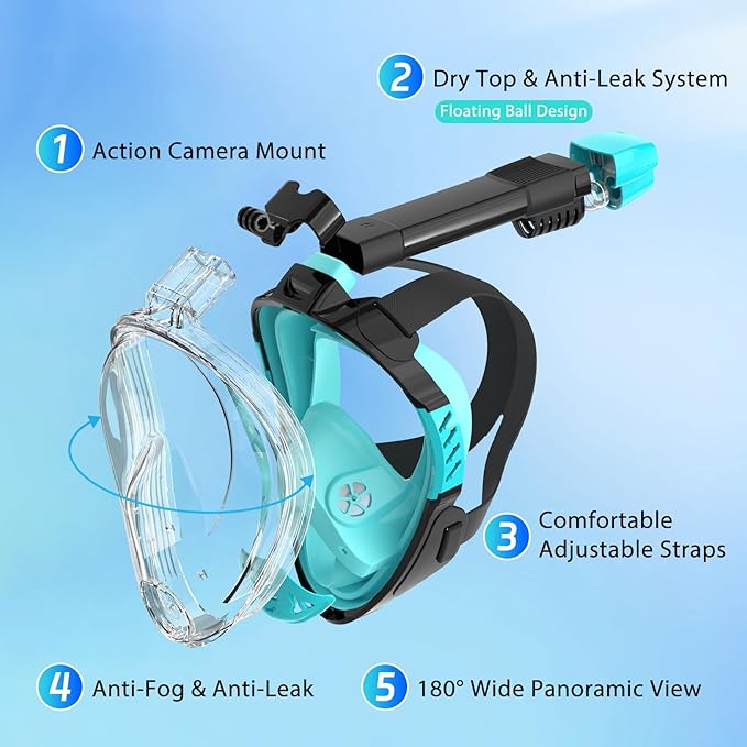 Snorkeling Gear for Adults, Full Face Snorkel Mask, Scuba Diving Mask with Detachable Camera Mount, 180 Degree Panoramic View Anti-Leak Anti-Fog