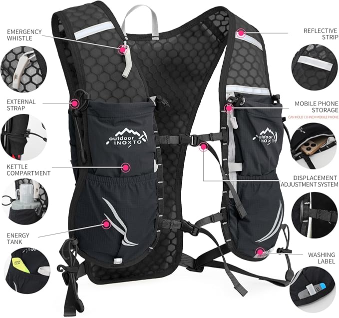 Running Vest for Women Men, Adjustable Chest Straps Running Hydration Vest with 500ml Soft Flask, Lightweight Breathable Reflective Hydration Backpack for Hiking