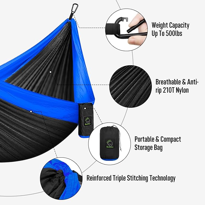 Grassman Camping Hammock Double & Single Portable Hammock with Tree Straps, Lightweight Nylon Parachute Hammocks Camping Accessories Gear for Indoor Outdoor Backpacking, Travel, Hiking, Beach