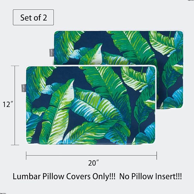 Magpie Fabrics Patio Lumbar Pillow Covers ONLY 20"x12", Set of 2, Outdoor Indoor Cushion Cases Decorative Throw Rectangular Pillowcase Shell for Couch Garden - Green Lagoon Leaves