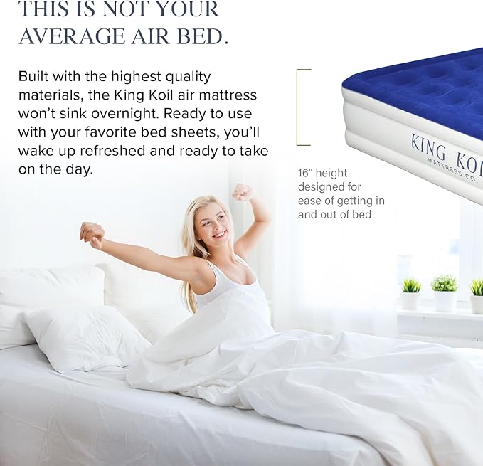 King Koil Luxury Cal King Air Mattress with Built-in Pump for Home, Camping & Guests - King Size Inflatable Airbed Luxury Double High Adjustable Blow Up Mattress, Durable Waterproof & Premium
