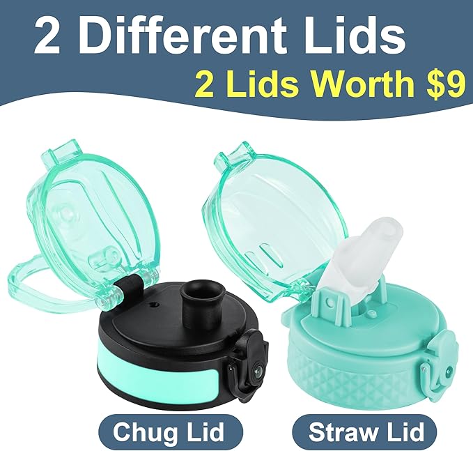 Oldley Insulated Water Bottle 12oz Kids Water Bottles with Straw, Stainless Steel Water Bottle with 2 Lids,Double Wall Vacuum Bottle, Leak-Proof Sport Bottles for School Travel, Caribbean Blue