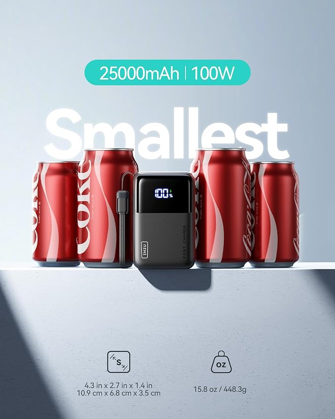 INIU 100W Power Bank, Mini Size 25000mAh High Capacity Laptop Portable Charger, USB C in&Out Tablet Powerbank, Smart Digital Display Phone Charger for iPhone 17 16 15, Samsung, iPad, MacBook, Laptop