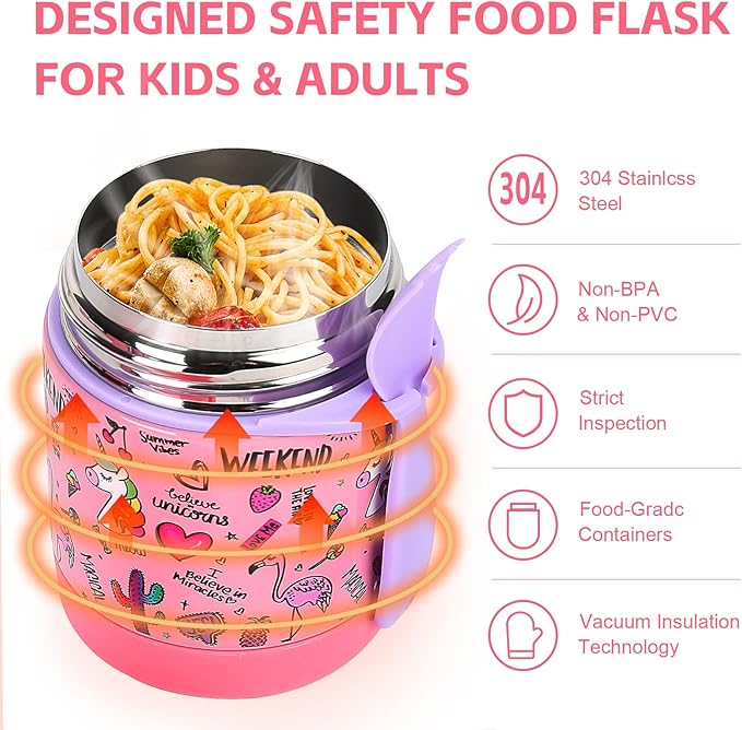 10oz Soup Thermo for Hot Food Kids Insulated Food Jar,Thermo Hot Food Lunch Container, Width Mouth Stainless Steel Lunch Box for Kids with Spoon (Pink-flamingo)