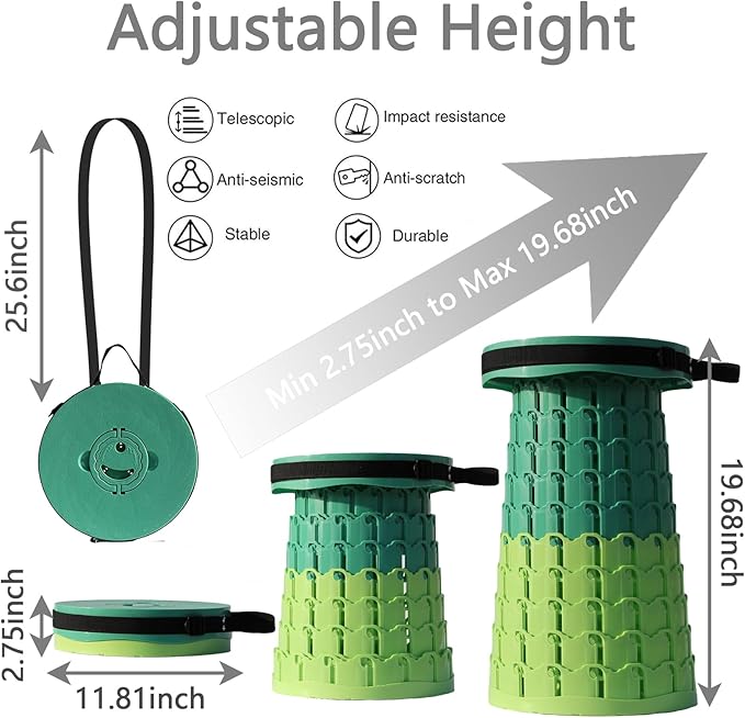 Upgraded XXL Collapsible Stool with Cushion,19.7"H-11.8"D Telescoping Folding Stool for Adults,More Sturdy Portable Camping Stools with Load Capacity 1000lbs for Outdoor,Garden,Fishing,Hiking