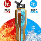 HYDROWION Water Bottle Stainless Steel,Vacuum Insulated Leak Proof Tumbler 32oz with Straw Lid, Spout Lid and Flex Cap(Cold for 48 Hrs, Hot for 24 Hrs), Fit in Any Car Cup Holder, Wood