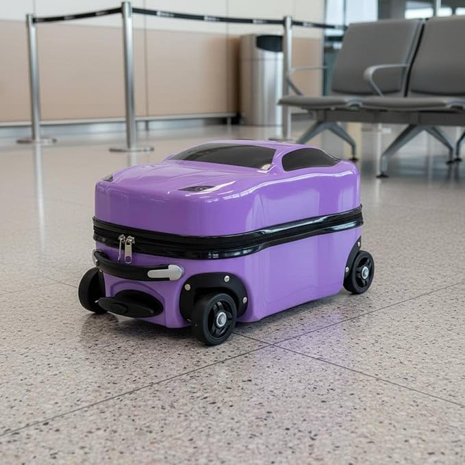 Kids Car Shaped Luggage Telescopic Handle Child's Sit on Suitcase Lightweight 3D Cartoon Car Suitcase for Young Children, Vacation, Airport, Green