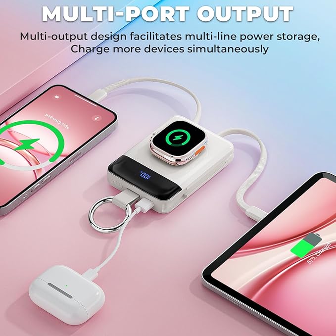 Portable Charger,5000mAh PD 20W Super Fast Charging Power Bank with Built-in Cables,Travel Keychain Battery Pack for Apple Watch Ultra/11/10/9/8/7/6/SE,iPhone 17/16/15/14/13/12 (White)