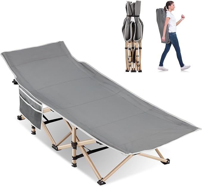 Folding Camping Cot for Sleeping, Portable Cots for Adults, Heavy Duty Cot Bed 550LBS(Max Load), Extra Wider Cots with Large Pocket for Outdoor, Office, Beach