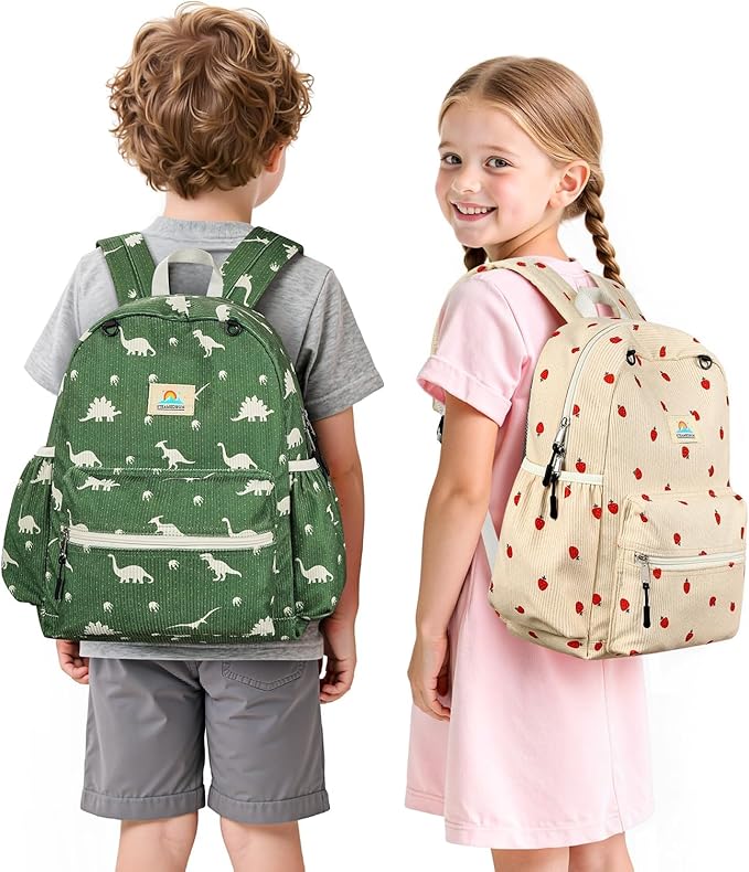 STEAMEDBUN Corduroy Kids Backpack for Boys and Girls 5-8: Boys Backpack for Elementary Kindergarten - 15 inch Cute Backpacks for Kids - Dinosaur