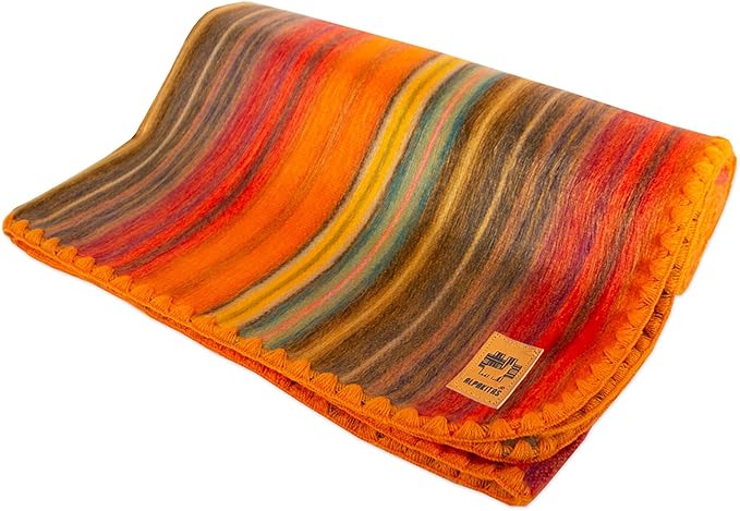 Alpaca Wool Blanket - Twin Size Throw & Warm, Lightweight, Couch or Camp - Outdoor - 75 x 38 Inches (Orange)