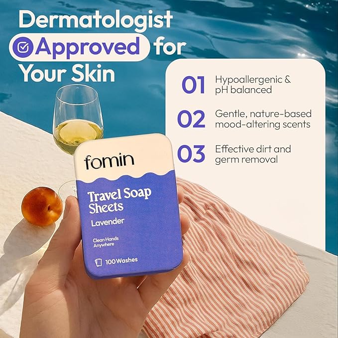 FOMIN - Antibacterial Paper Soap Sheets for Traveling - 300 Lavender Portable Hand Soap Sheets for Travel in Tin - Dissolvable Mini Portable Travel Soap Sheet for Hand Washing, Camping and Hiking