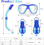 Snorkeling Gear for Kids Ages 5-15, 4 in 1 Mask Fins Snorkel Set with HD Tempered Glass Panoramic View Anti-Fog Mask, Dry Top Snorkel, Adjustable Trek Fins, and Mesh Bag, Kids Snorkel Set for Youth