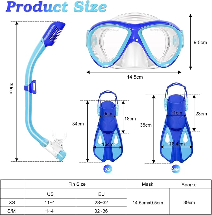 Snorkeling Gear for Kids Ages 5-15, 4 in 1 Mask Fins Snorkel Set with HD Tempered Glass Panoramic View Anti-Fog Mask, Dry Top Snorkel, Adjustable Trek Fins, and Mesh Bag, Kids Snorkel Set for Youth