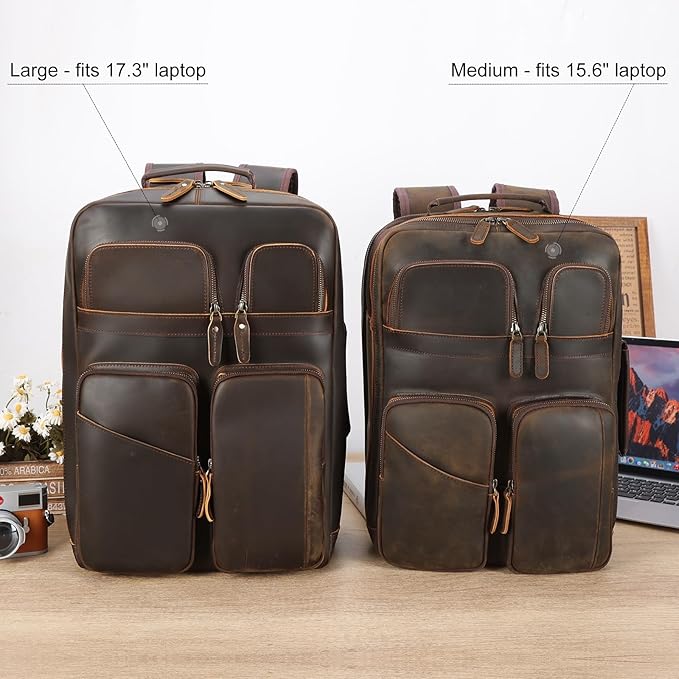 TIDING 17.3" Full Grain Leather Laptop Backpack for Men Multi Pockets Casual Daypack Business Travel Rucksack