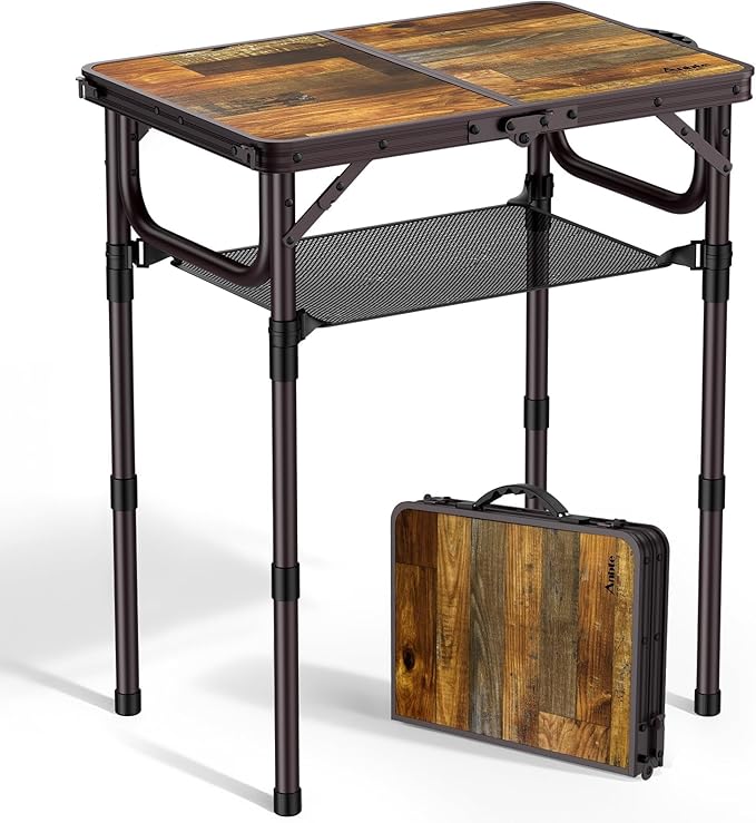 2ft Camping Table Foldable with Storage Net, 3 Adjustable Heights 27.5" Aluminum Small Portable Table with Carrying Handle, for Outdoor Indoor Picnic Beach Party Travel, 24" X 16", Brown