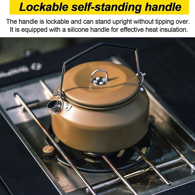 Camping Kettle Outdoor Campfire Camp Kettle, 1L Stainless Steel Camp Tea Coffee Pot, Portable Lightweight Teapot Fast Heating Boiling Water, Ideal for Hiking Picnic Travel, Brown