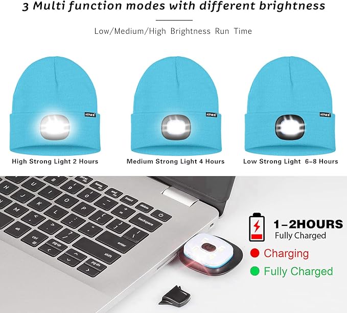 ATNKE LED Lighted Beanie Hat,USB Rechargeable 4 LED Running Headlamp Bright Cap with The Light Gifts for Men and Women