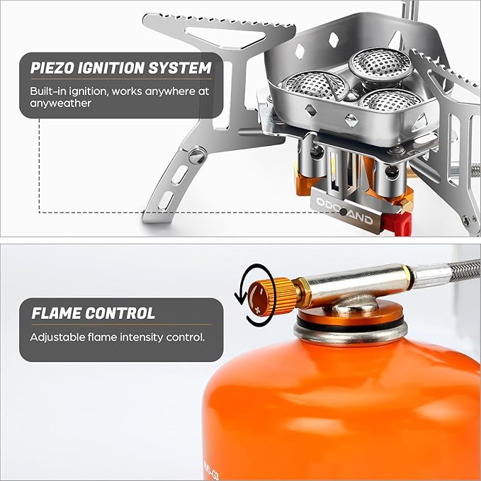 Odoland 3500W/6800W Windproof Camp Stove Camping Gas Stove with Windscreen, Fuel Canister Adapter, Piezo Ignition for Outdoor Backpacking Hiking and Picnic