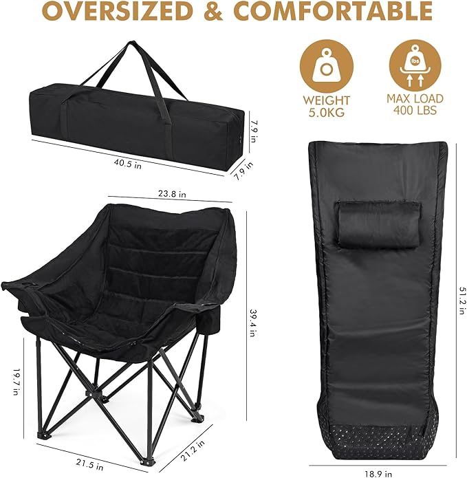 Oversized Fully Padded Camping Chair with Removable Foot Pocket, Heavy Duty Comfy Folding Camp Sports Chair for Adults, Summer, Winter, Outdoor, Ice Fishing, Hunting, RV, Cup Holder, XL, 400 LBS