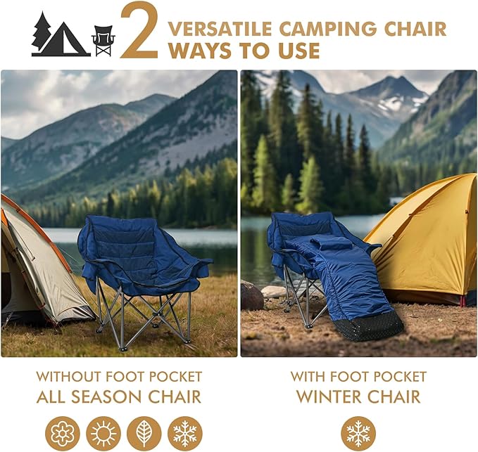Oversized Fully Padded Camping Chair with Removable Foot Pocket, Heavy Duty Comfy Folding Camp Sports Chair for Adults, Summer, Winter, Outdoor, Ice Fishing, Hunting, RV, Cup Holder, XL, 400 LBS