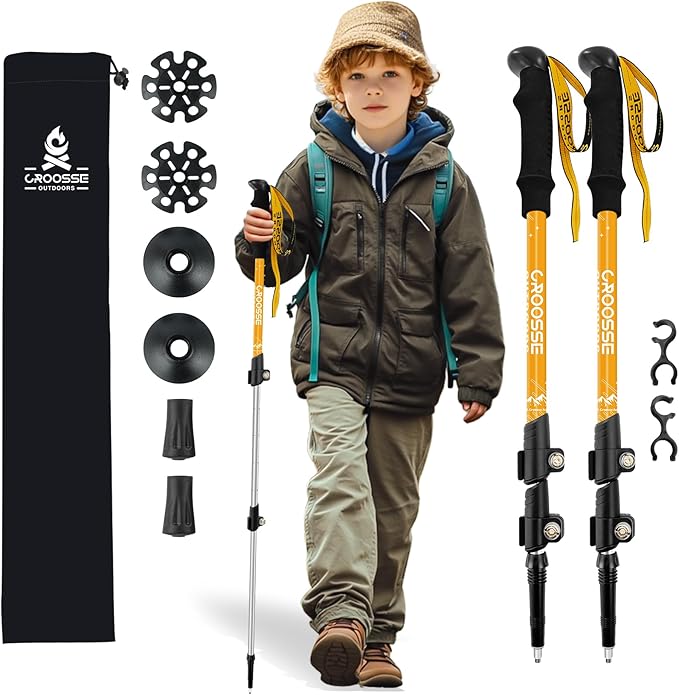 Lightweight Collapsible Kids Hiking Poles - Retractable Kids Hiking Stick, Telescoping Aluminum Trekking Poles 2 Pack, Adjustable Kids Ski Poles by Croosse