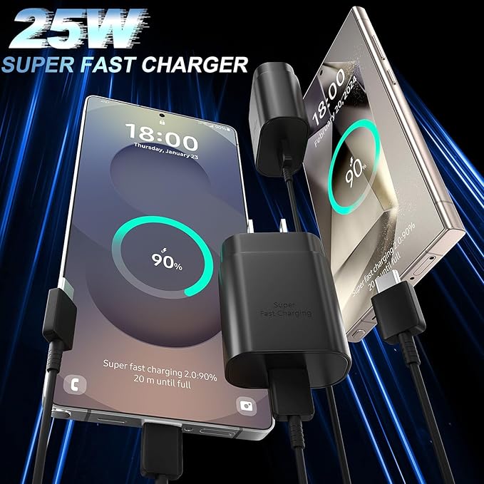 USB C Android Charger Fast Charging Cord, Super Fast Phone Chargers 6.6FT C to C Type Cable with 25W USBC Wall Block for Samsung Galaxy S26 S25 S24 Ultra Plus/S23/S22/S21/S20/Note 20/10, White+Black