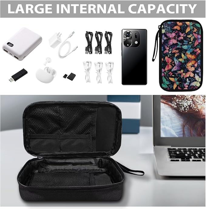 Colorful Butterfly Print Electronic Organizer Pouch Bag, Travel Cable Organizer Bag Multifunctional Case for Cable, Cord, Charger, Hard Drive, Earphone