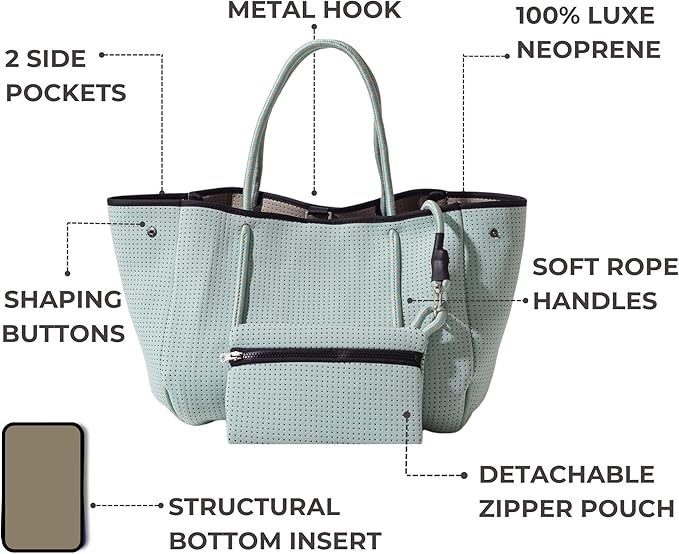POPUPS Large Neoprene Tote Bag for Women – Stylish Work, Beach, Travel Bag with Pockets, Rope Handles with Zipper Pouch