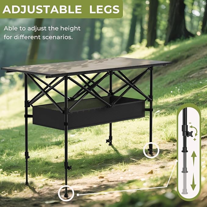 Folding Camping Table,Portable Roll-up Picnic Table with Carry Bag & Mesh Storage,Lightweight Camp Table for Camping,Picnic,Backyard,Party,Patio,BBQ