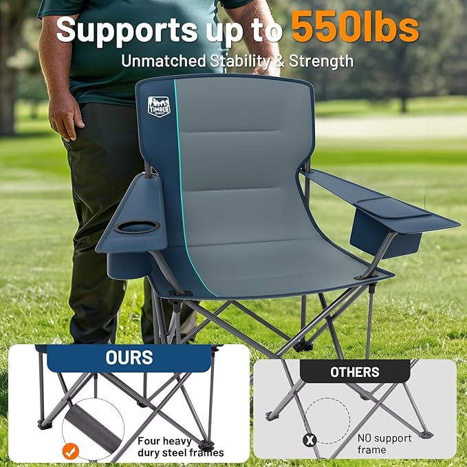 TIMBER RIDGE Oversized Folding Camping Chair Support 550 LBS, Heavy Duty Portable Chairs with Cup Holder Side Pocket for Lawn, Outdoor Picnic, Fishing, 2 Pack(Navy)