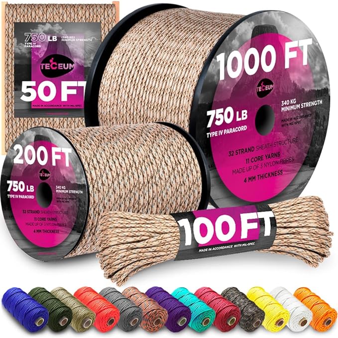 TECEUM 5/32" Paracord Rope 1000 – 1000ft / 200ft / 100ft / 50ft – Tactical Parachute Cord 4mm – 45+ Colors – Nylon String for Survival & Camping Gear – Stripe Cord for Survival – Utility Rope