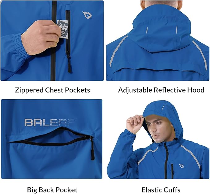 baleaf Men's Rain Jacket Waterproof Windbreaker Raincoat Running Cycling Hiking Gear Hood Lightweight Reflective Packable