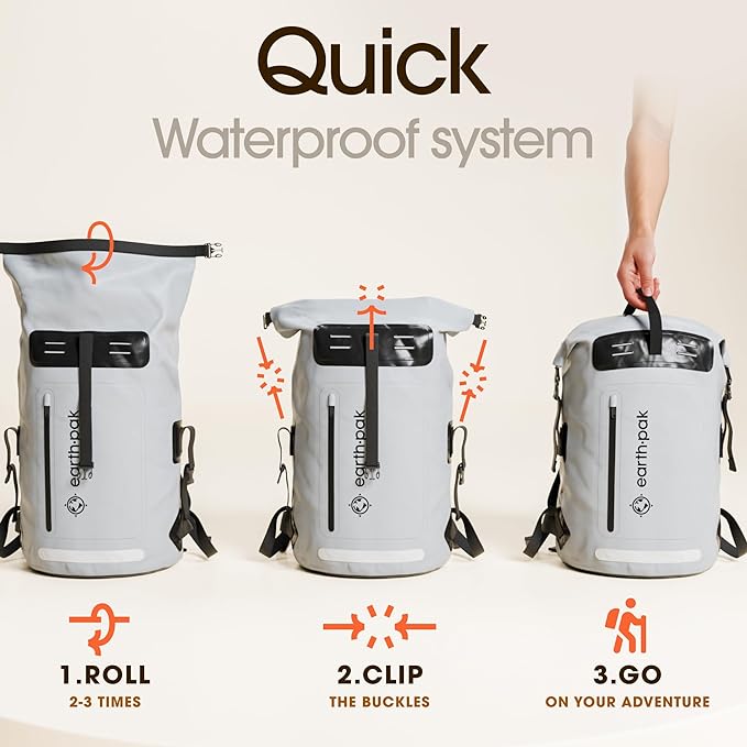 Earth Pak Waterproof Backpack - Heavy Duty Hiking Backpack - Roll-Top Closure Bag - Cushioned Dry Bag Waterproof Phone Case