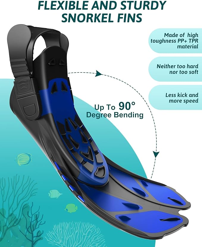 Mask Fins Snorkeling Gear for Adults, Full Face Snorkel Mask & Adjustable Swim Fins Snorkel Set, Panoramic View Snorkel Mask Dry Top Anti-Fog Anti-Leak