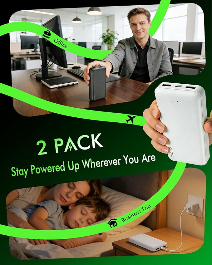 Miady 2-Pack 20000mAh Portable Charger, 22.5W USB C Fast Charging Power Bank 3 Outputs 2 Inputs Travel Essential Battery Pack Compatible with iPhone 17/16/15/14 Galaxy S24/22 Android etc (Black+White)