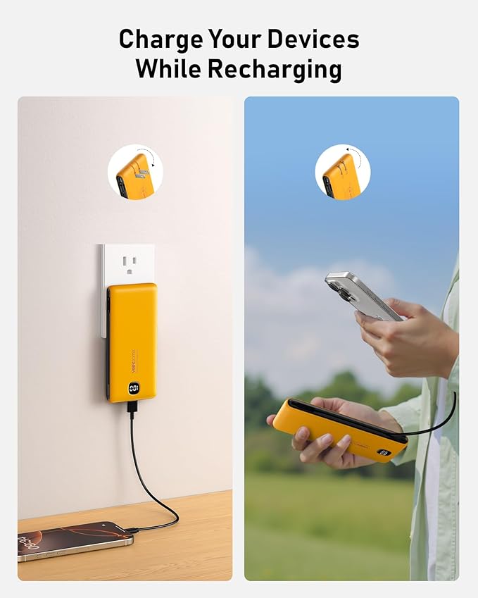 Portable Charger Power Bank Built in Cables and Wall Plug, 10000mAh iPhone Battery Pack Fast Charging, USB C External Slim Power Bank, Travel Essentials Compatible with iPhone 16 15 14 13 iPad, Yellow