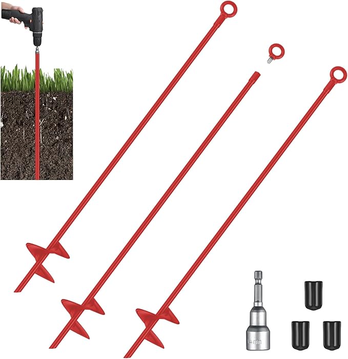 Lasnten 3 Pcs 30 Inch Heavy Duty Ground Anchor Spiral Blade Earth Anchor Kit Metal Anchor Hook Beach Sand Stakes Camping for Securing Animals, Shelters, Tents, Canopies (Red)