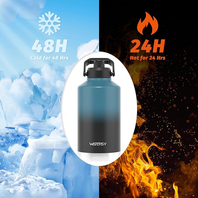 WATERSY 1.5 Gallon Water Bottle Insulated(Cold for 48 Hrs),BPA Free&Leak Proof,196oz Stainless Steel Water Jug,Big thermos,Large Water Bottle with Handle for Gym,Hiking,Camping&Travel,Lake Blue