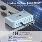 8-Port Multi Charging Stations 200W with Flat Plug, Braided Power Cord, and On/Off Switch- USB Charging Hub for iPhone, iPad, MacBook and More- 65W C Port Power Adapter for Laptops
