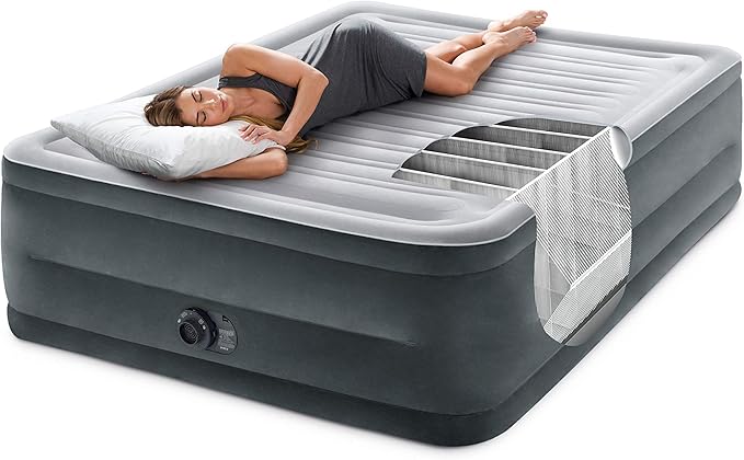 Intex 64417ED 22in Queen Dura-Beam Comfort Plush High-Rise Inflatable Air Mattress with Built in Pump for Travel and Camping, 600lb Weight Capacity
