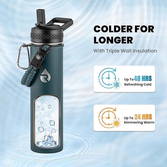 Insulated Water Bottle 24oz, Triple Wall Vacuum Stainless Steel (Cold for 48 Hrs, Hot for 24Hrs), Leak Proof & Non-BPA, 24oz Hydro Water Flask with Paracord Handle & Straw Spout Lids