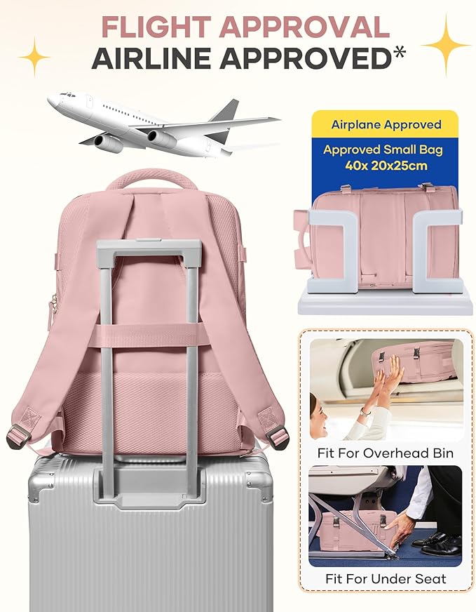 coofay Personal Item Travel Backpack for Women Airline Approved Carry on Backpack Flight Approved Waterproof Sports Luggage Backpack Casual Daypack Small Hiking Backpack Pink Backpack