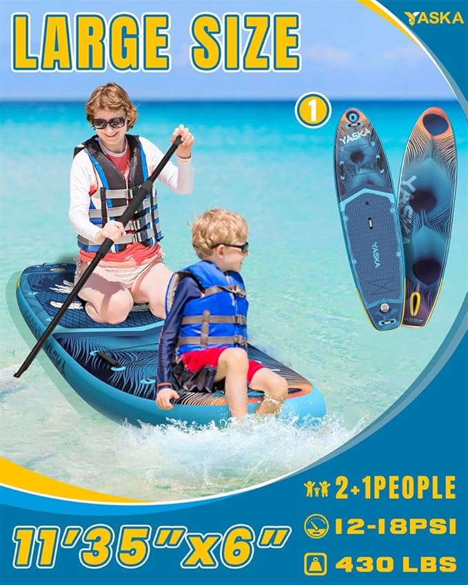 YASKA Inflatable Stand Up Paddle Board - 11ft Extra Wide Paddleboard with Premium SUP Board Accessories,Camera Mount,Non-Slip EVA Deck,5 Handles,Youth/Adult