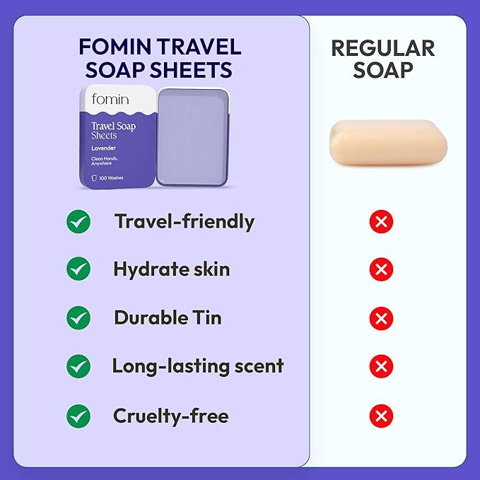 FOMIN - Antibacterial Paper Soap Sheets for Traveling - 100 Lavender Portable Hand Soap Sheets for Travel in Tin - Dissolvable Mini Portable Travel Soap Sheet for Hand Washing, Camping and Hiking