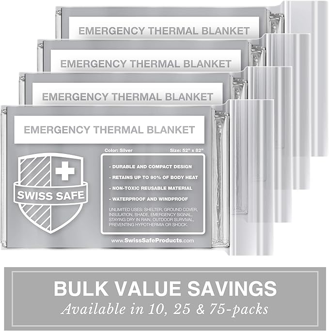 Swiss Safe Emergency Mylar Thermal Blankets + Bonus Space Blanket - Compact & Insulated for Cold Weather - Designed for NASA, Outdoor Camping, Survival, First Aid Car Kit - Silver, 25 Pack
